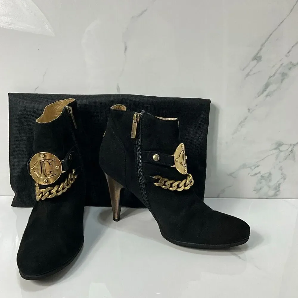 JUST CAVALLI Black Suede Ankle Boots With Gold Chain Embellishment
